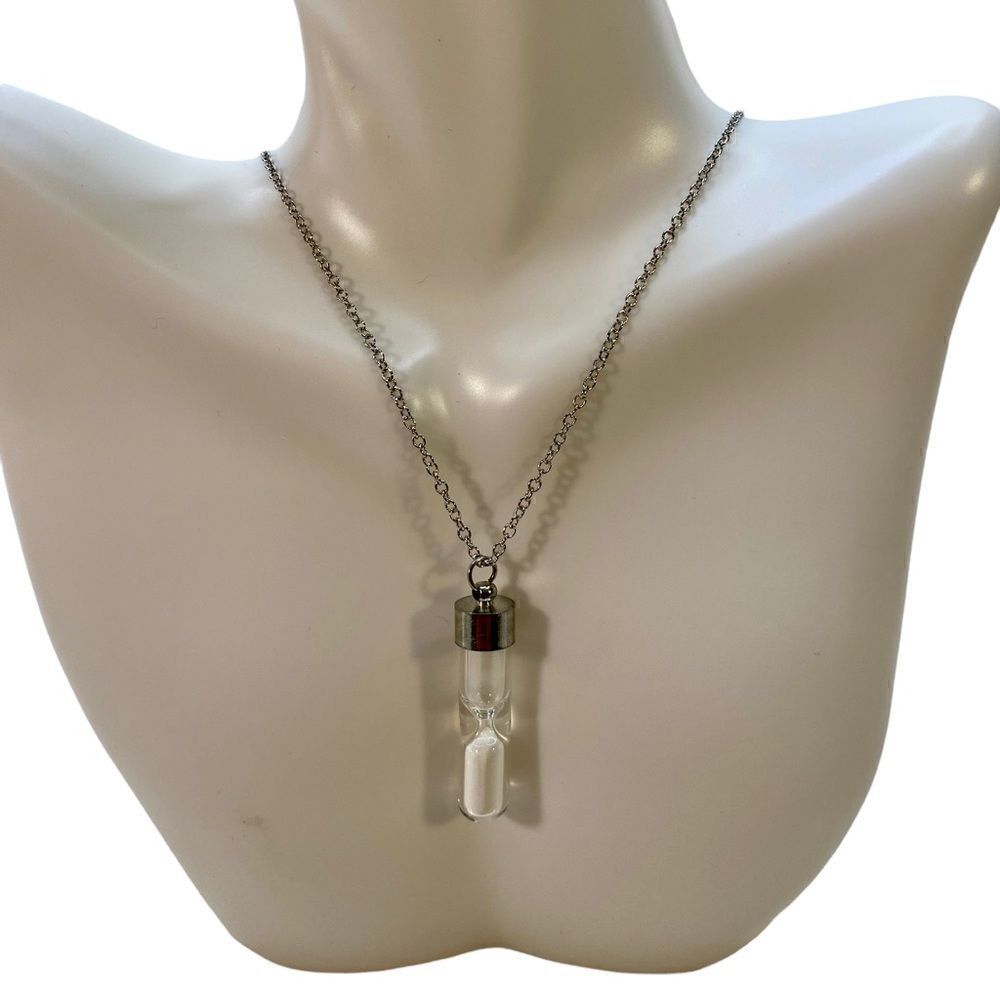 Mini Hour Glass White Sand Pendant Necklace.